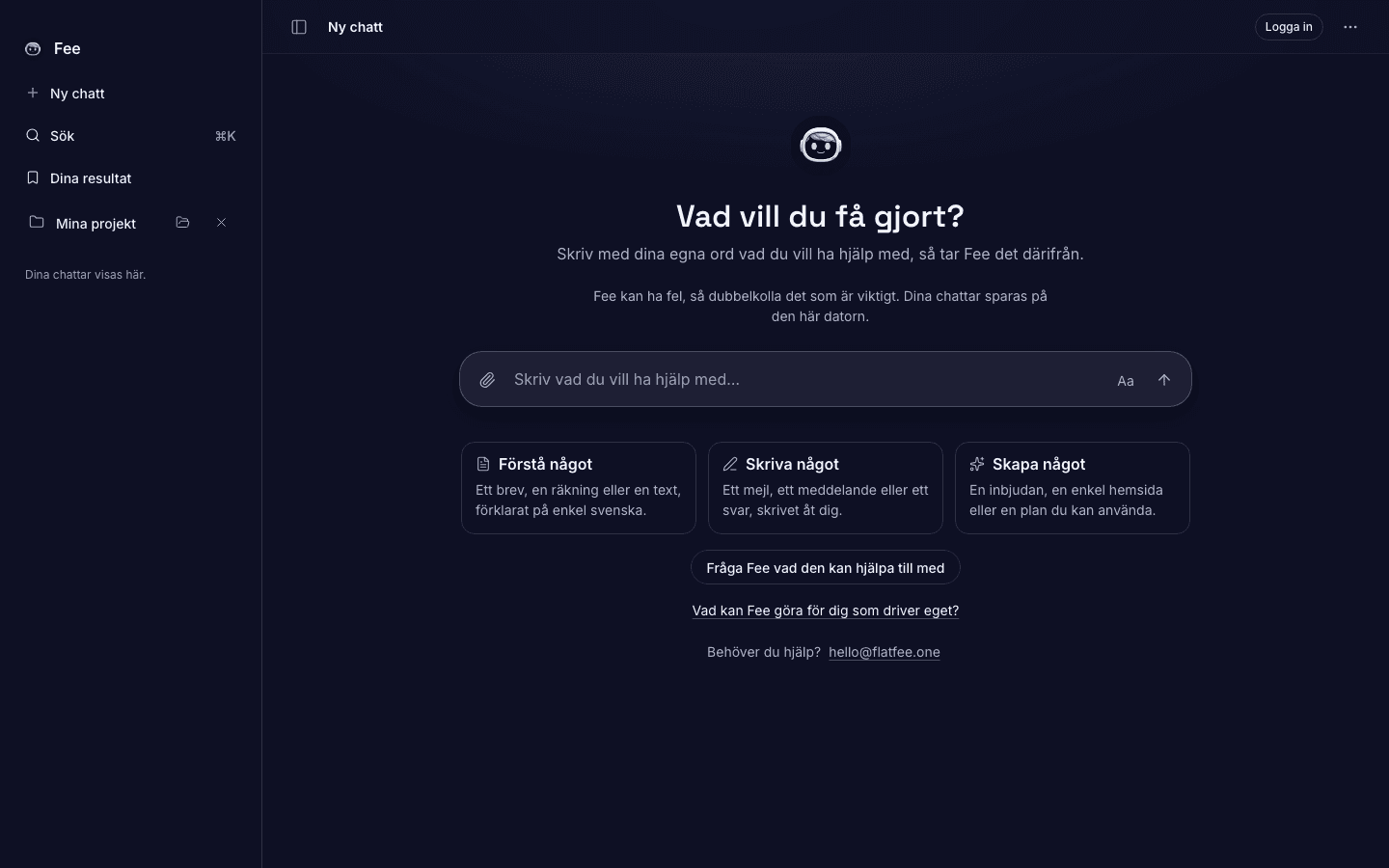 Fees startvy i appen för Mac och Windows med sidopanel, skrivfält och val för att förstå, skriva och skapa.